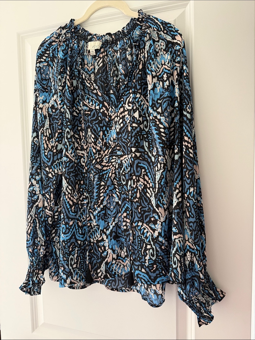 Women’s Blue Paisley Smocked Neck Top, Size XXL